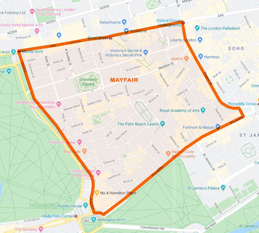 Map of Mayfair, London W1, bordered by Hyde Park, Oxford Street, Piccadilly and Regent Street