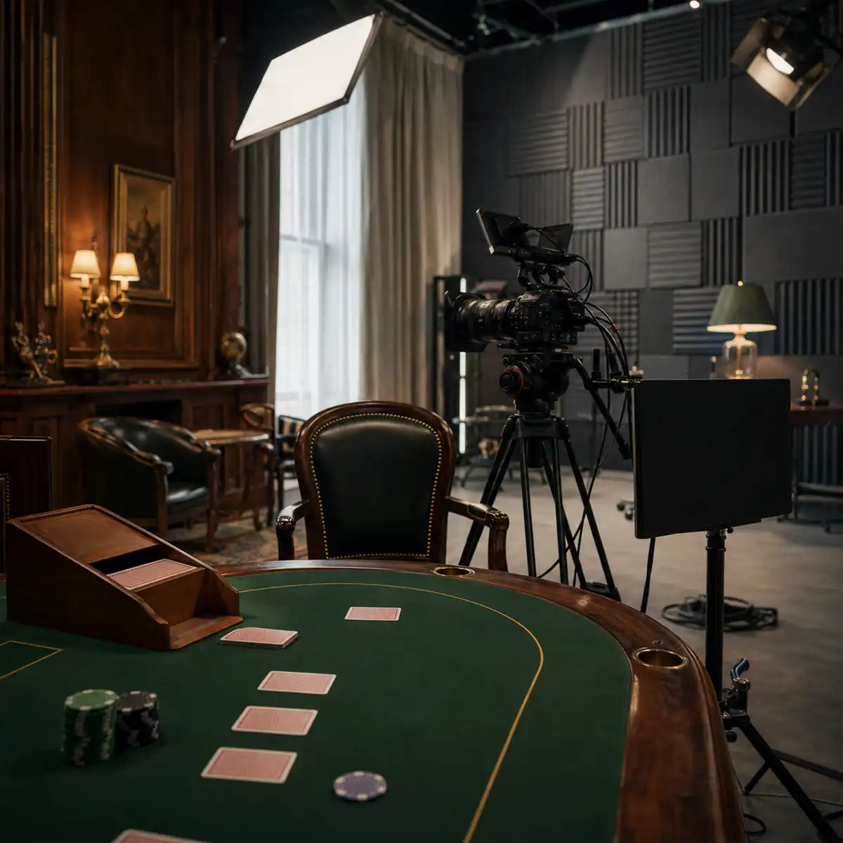 A camera and studio light rigged over a green baize card table in a panelled Mayfair room
