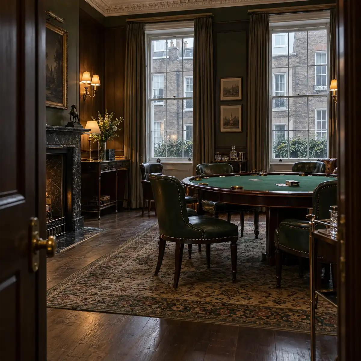 A panelled Georgian club room in Mayfair with a green baize gaming table, fireplace and sash windows