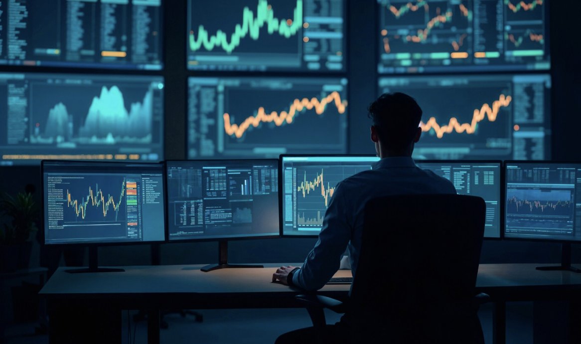 Trader analysing CFD price charts on multiple screens