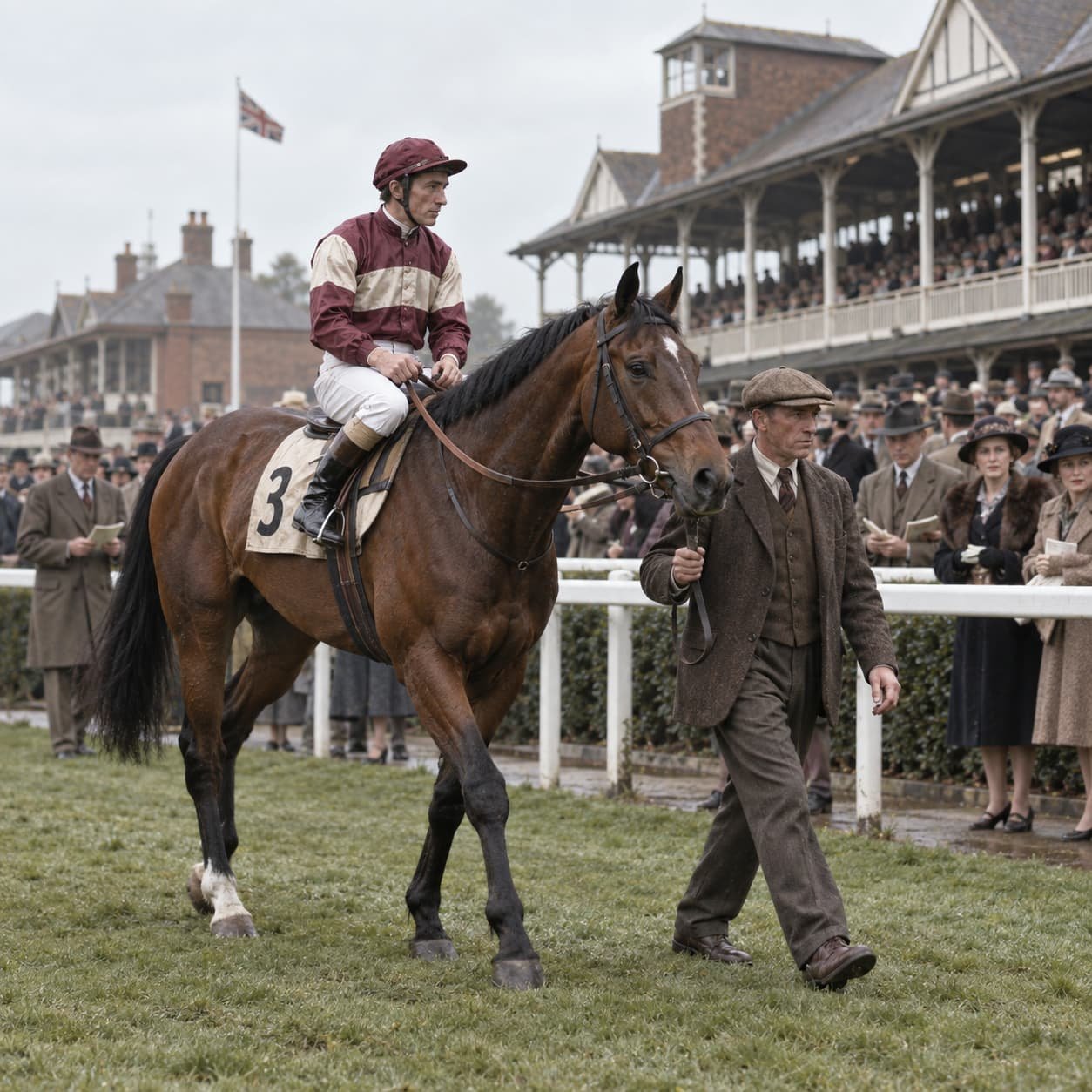 Jockey and stable hand leading a racehorse past a packed grandstand in the early 1900s