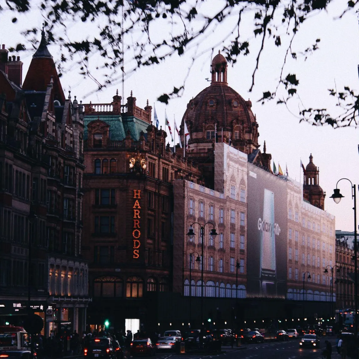 Harrods department store on Brompton Road in Knightsbridge at dusk