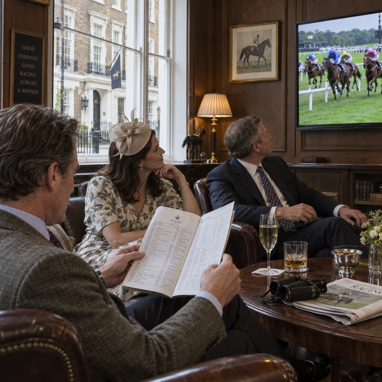 Members watching a horse race on screen in a wood-panelled Mayfair private club