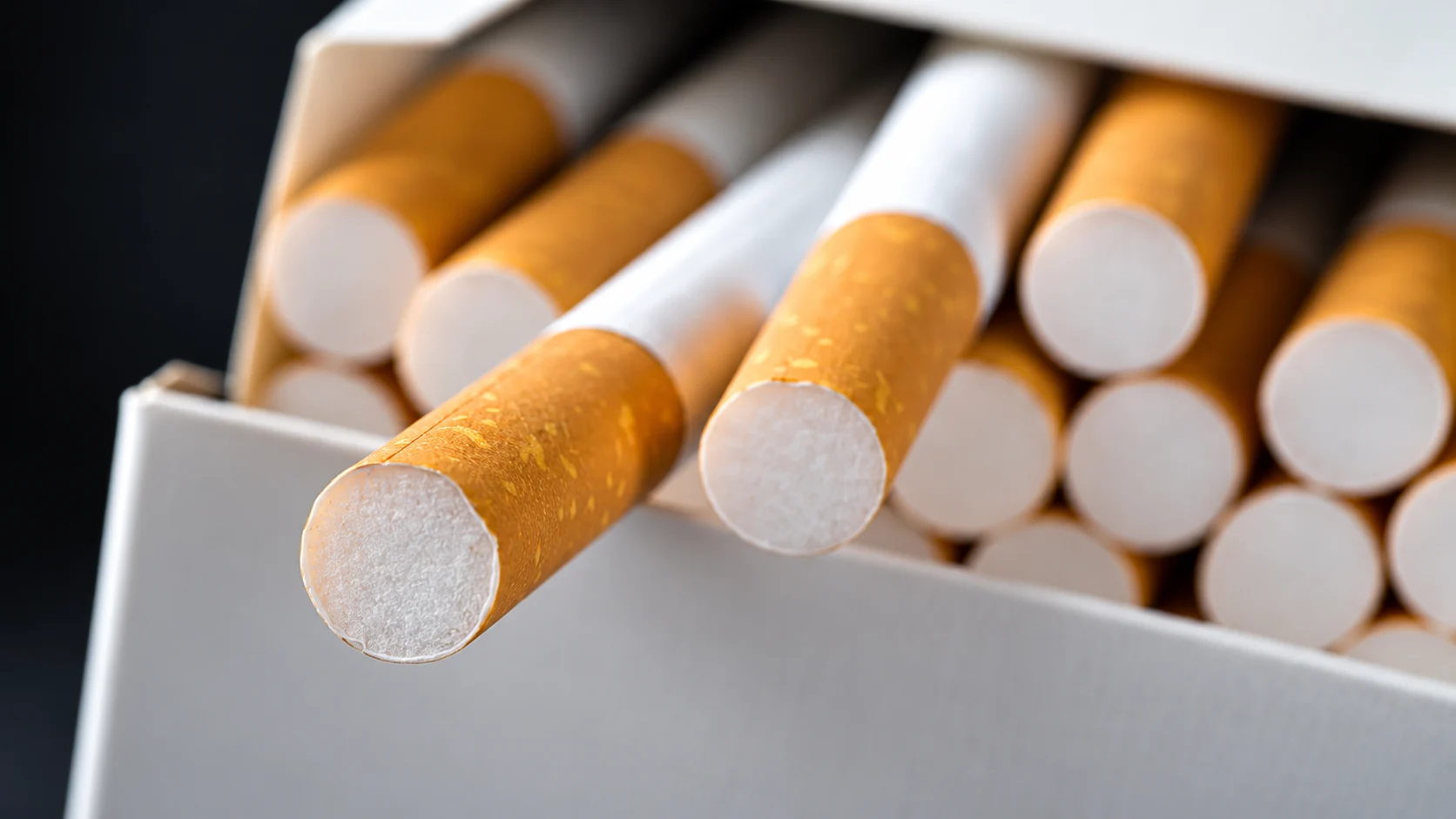 Close-up of cigarettes with orange filters inside an open white cigarette pack