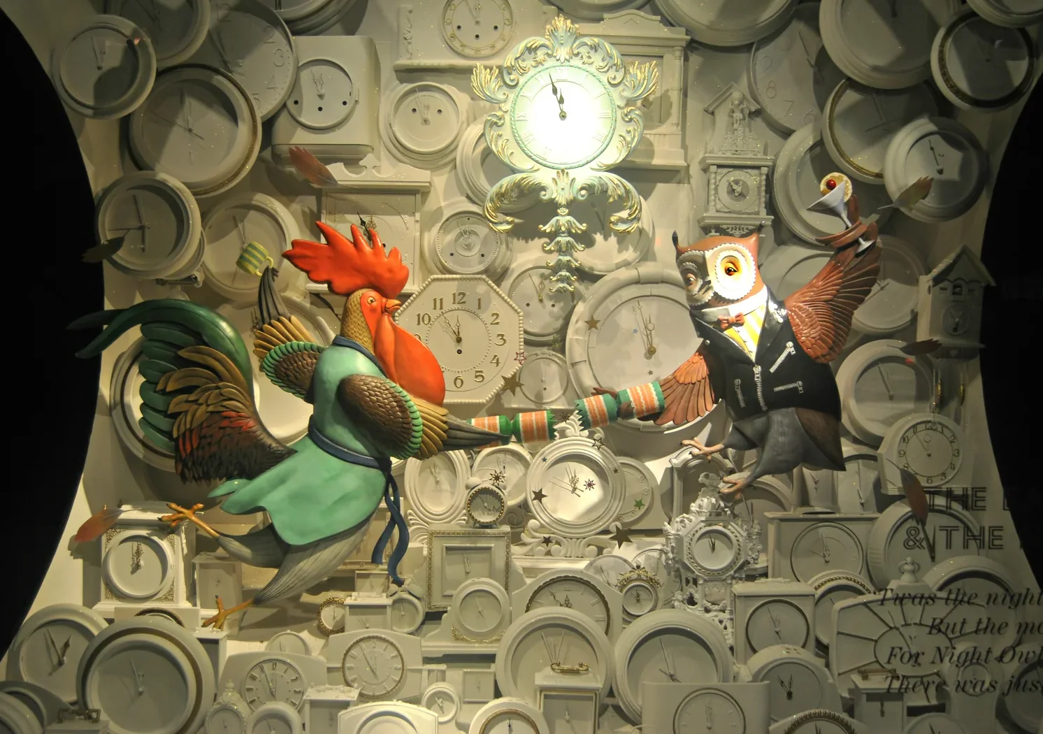 Fortnum & Mason Christmas window on Piccadilly with an owl and a cockerel among clocks