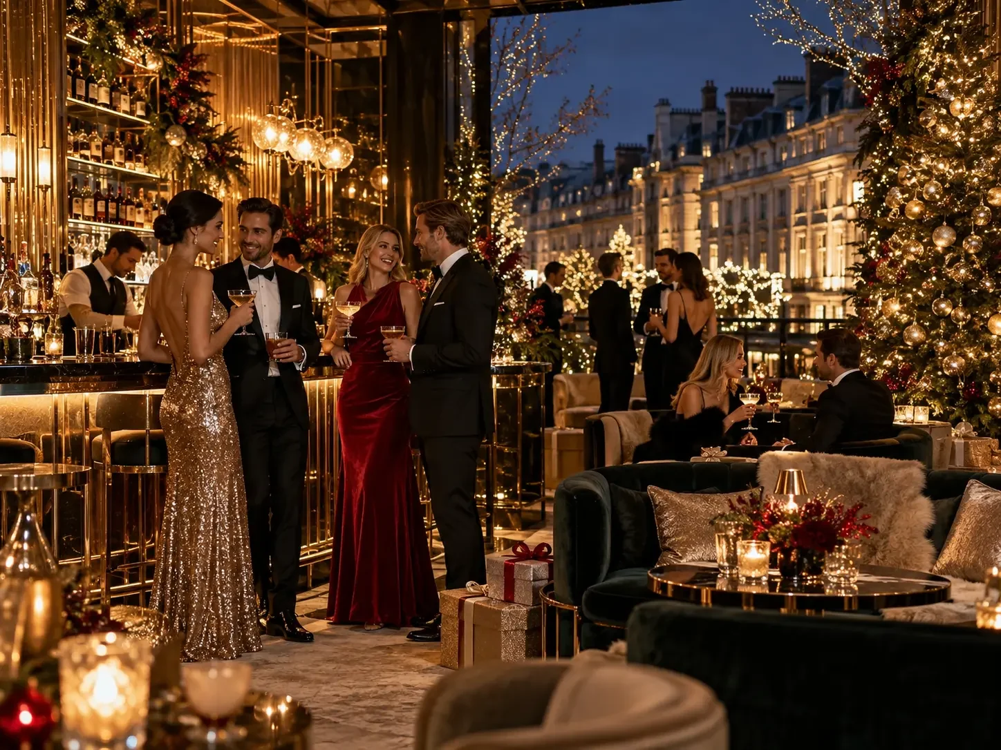 Guests in evening dress at a gilded cocktail bar, with Christmas trees and fairy lights over a terrace at night