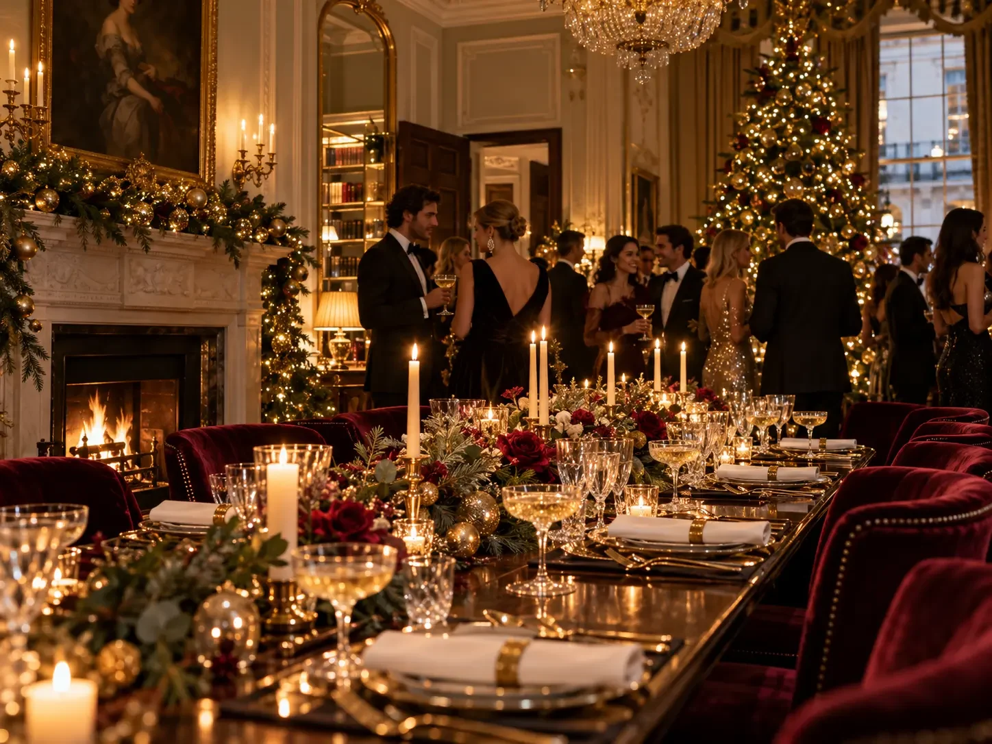 Long Christmas dinner table with candles, gold baubles and red velvet chairs beside a lit tree and a marble fireplace